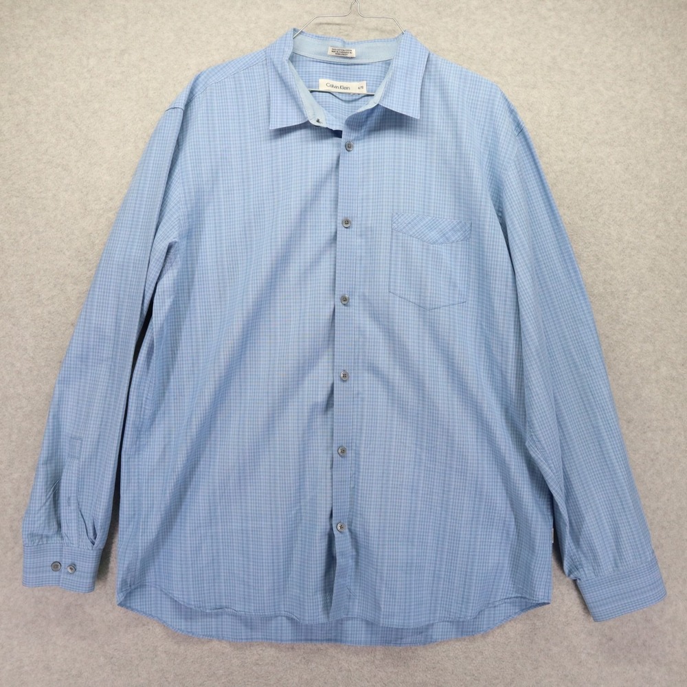Calvin Klein Shirt Mens XL Business Casual Pocket Button Blue Plaid Long Sleeve